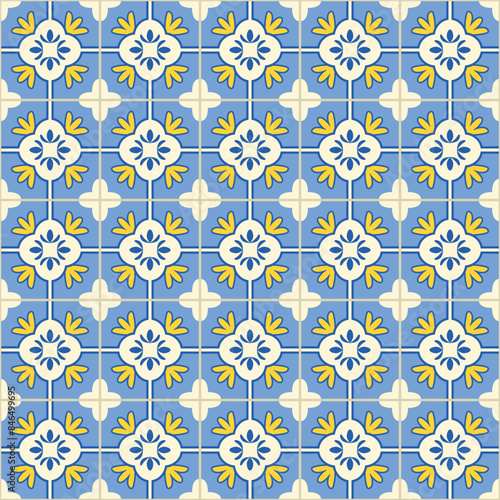 Azulejo mosaic tile pattern. blue, white, yellow colored geometric motifs. Mediterranean, Portuguese, Spanish, Moroccan traditional vintage style vector background