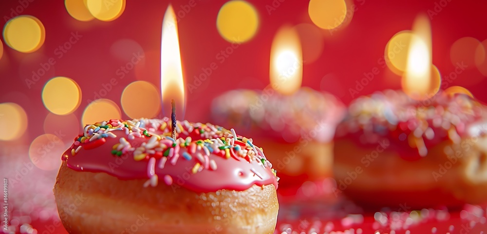 red donuts candles with decoration materials with abstract candle glowing on the top of the the donut abstract background for happiness and celebration red donuts candles with decoration materials with abstract candle glowing on the top of the the donut abstract background for happiness and celebration