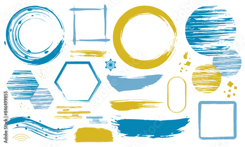 筆　和風　あしらいベクター素材セット　青　水色　金