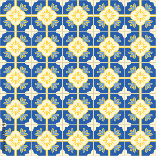 Azulejo mosaic tile pattern. blue, white, yellow colored geometric motifs. Mediterranean, Portuguese, Spanish, Moroccan traditional vintage style vector background