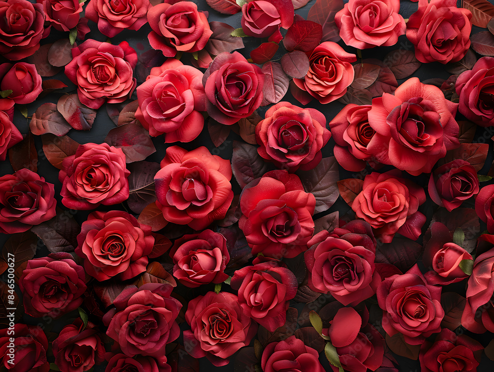 a bunch of red roses with green leaves. The flowers are arranged in a circular pattern against a dark background. a bunch of red roses with green leaves. The flowers are arranged in a circular pattern against a dark background.