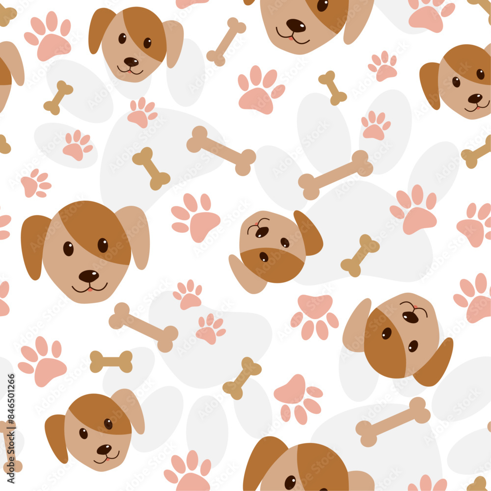 Obraz premium Cute dog seamless pattern. Seamless pattern with head of dog and paws. Cute vet seamless pattern