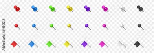 Vector set of realistic pushpins png. Multi-colored pushpins png. Pushpins in the form of a pin or a flag.