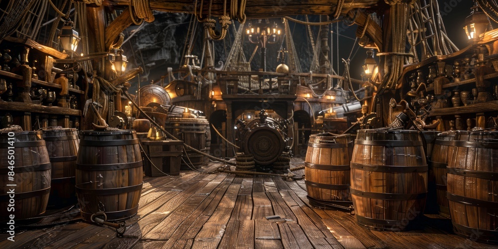 Fototapeta premium Interior of a pirate ship deck with barrels, cannons, and lanterns, depicting a historic and adventurous nautical scene Gerberative AI