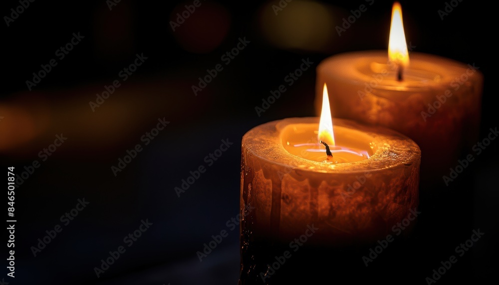 Two lit candles glowing in dark background, creating a peaceful and serene atmosphere perfect for relaxation and meditation. Two lit candles glowing in dark background, creating a peaceful and serene atmosphere perfect for relaxation and meditation.