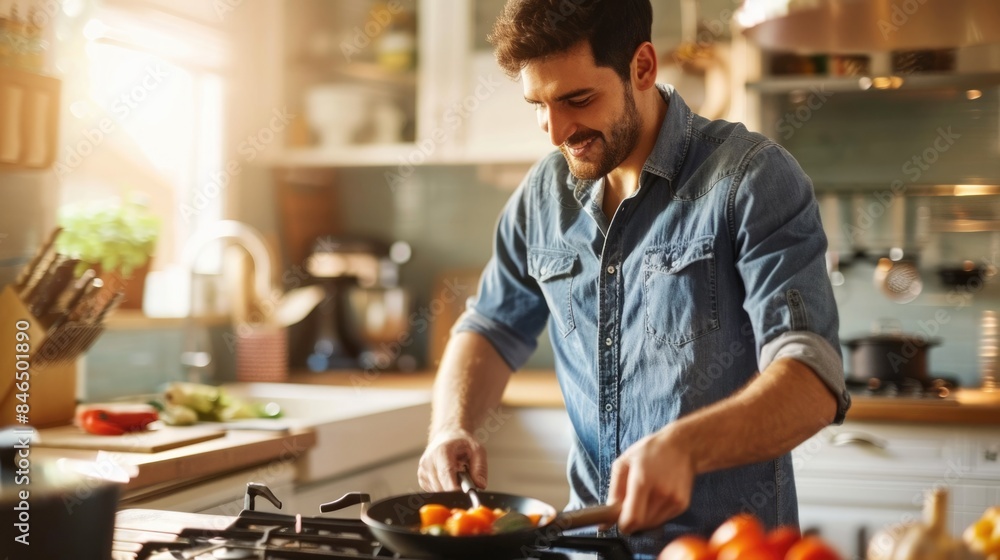 Culinary Expertise: Man Cooking a Delicious Meal on a Stove in a Modern Kitchen Culinary Expertise: Man Cooking a Delicious Meal on a Stove in a Modern Kitchen