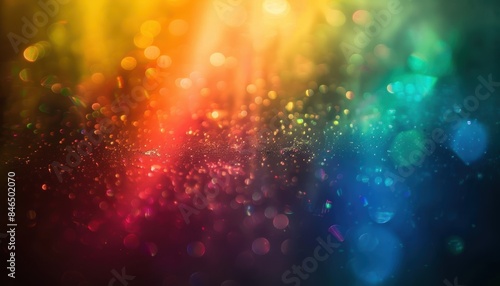 Vibrant abstract bokeh background with rainbow colors and light particles, ideal for creative and artistic designs.