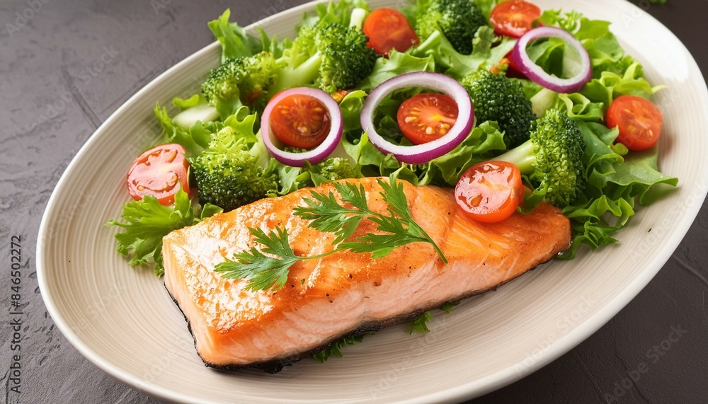 Healthy ketogenic lunch featuring grilled salmon fillet green leafy salad with tomatoes onion and broccoli Top view Healthy ketogenic lunch featuring grilled salmon fillet green leafy salad with tomatoes onion and broccoli Top view