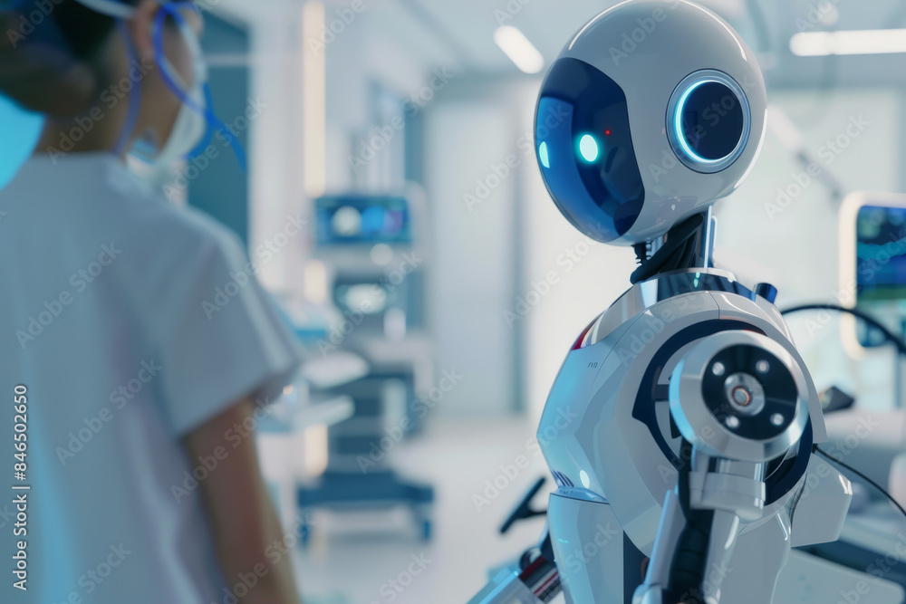 A humanoid robot with a sleek design engages in a conversation with a medical professional in a modern, bright hospital room. A humanoid robot with a sleek design engages in a conversation with a medical professional in a modern, bright hospital room.