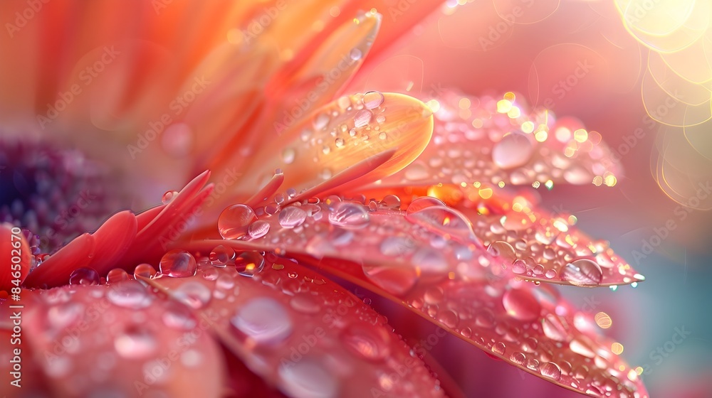Fototapeta premium Intricate Dew Droplets Glistening on a Vibrant Petal in the Soft Morning Light
