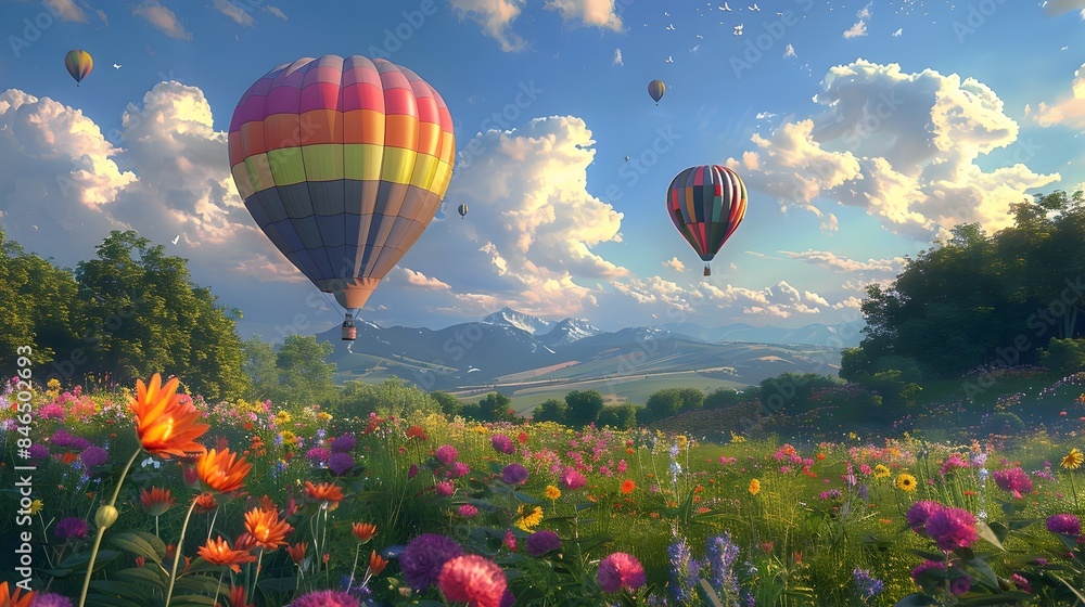 Obraz premium Colorful Hot Air Balloon Festival Above Lush Meadows and Wildflowers