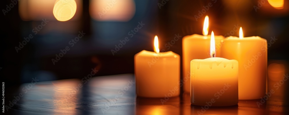 Warm glowing candles in a dark room creating a serene and peaceful atmosphere, perfect for relaxation and meditation settings. Warm glowing candles in a dark room creating a serene and peaceful atmosphere, perfect for relaxation and meditation settings.