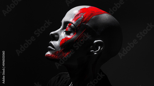 a woman with red paint on her face photo