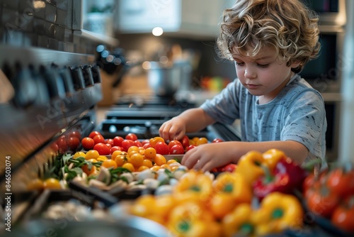 Boy washing vegetables in the kitchen