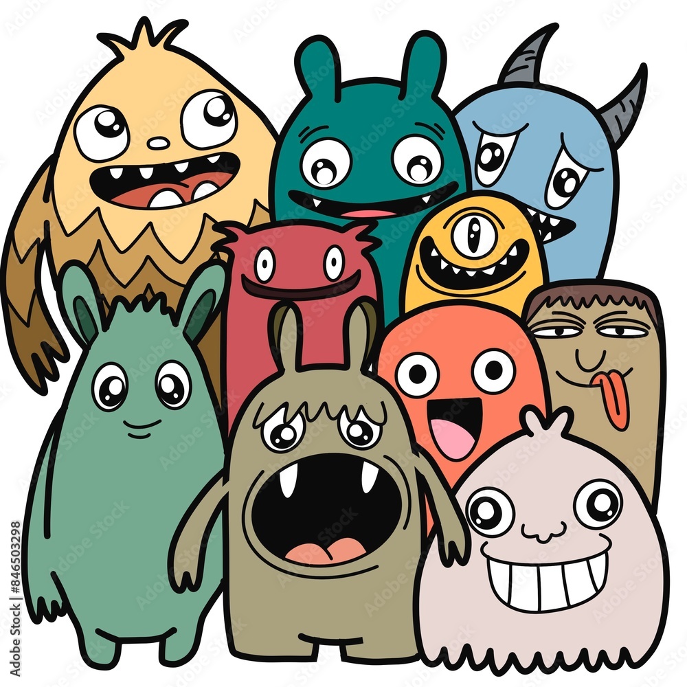 Hand-drawn illustrations, monsters doodle, Hand Drawn cartoon monster illustration,Cartoon crowd doodle hand-drawn Doodle style. Hand-drawn illustrations, monsters doodle, Hand Drawn cartoon monster illustration,Cartoon crowd doodle hand-drawn Doodle style.