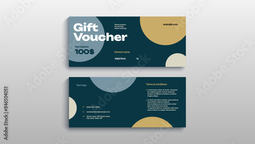 Abstract gift voucher card template. Modern discount coupon or certificate layout with geometric shape pattern. Vector fashion bright background design with information sample text.