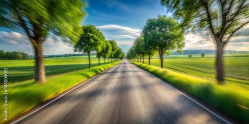 Country Road Blur: A blurred country road scene with fields and trees lining the road, ideal for products with a rural or countryside theme.
