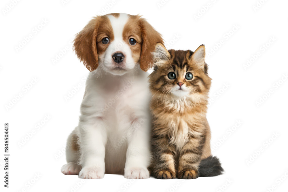 Adorable Cavalier King Charles Spaniel Puppy and Maine Coon Kitten Sitting, Isolated on Transparent Background Adorable Cavalier King Charles Spaniel Puppy and Maine Coon Kitten Sitting, Isolated on Transparent Background
