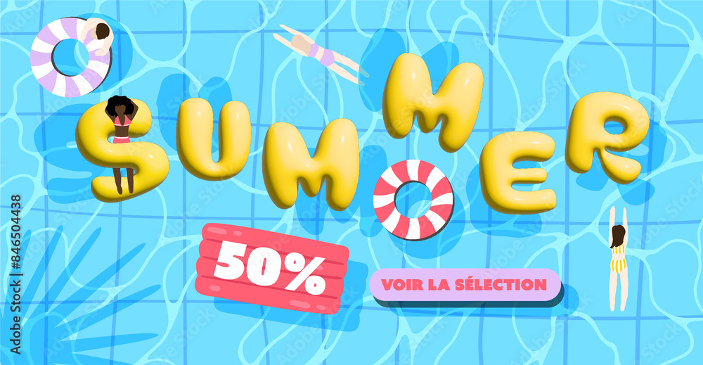 Fototapeta premium Banner summer with pool and buoy illustration. Advertising, flyer, card, banner web, background