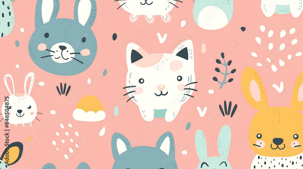 A delightful pattern featuring adorable animals such as bunnies, kittens, and foxes against a soft pink background. The illustrations are playful and cute, perfect for children’s products or nursery A delightful pattern featuring adorable animals such as bunnies, kittens, and foxes against a soft pink background. The illustrations are playful and cute, perfect for children’s products or nursery