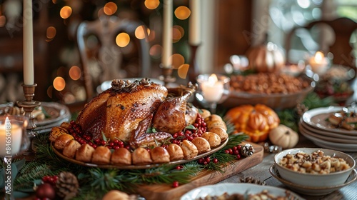 A lavishly styled table for a holiday feast  featuring a roast turkey  seasonal sides  and an assortment of desserts