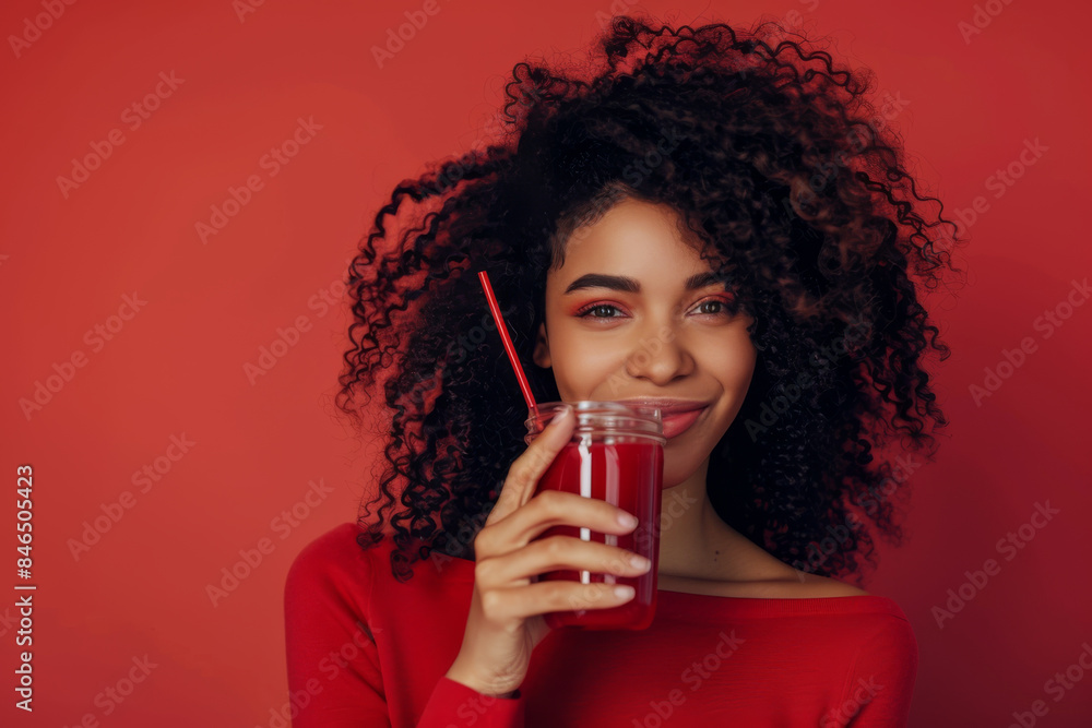 Elegant woman with voluminous curly hair enjoys a refreshing red drink against a vibrant red background. Elegant woman with voluminous curly hair enjoys a refreshing red drink against a vibrant red background.