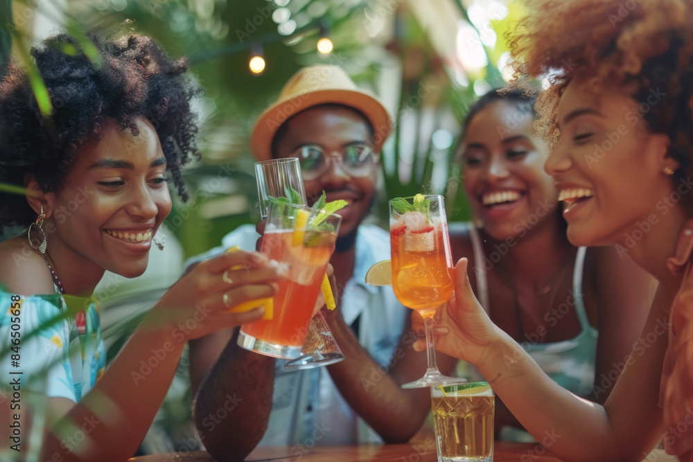 Group of friends enjoying tropical drinks and laughing together outdoors in a sunny, festive atmosphere.