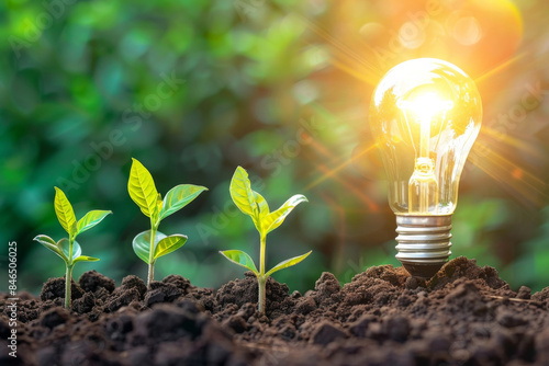 Lightbulb and young plant growing in soil, symbolizing eco-friendly innovation and sustainable energy solutions.