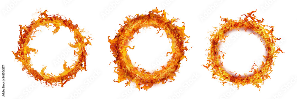 Three Fiery Rings with Flames Isolated on Transparent Background Three Fiery Rings with Flames Isolated on Transparent Background