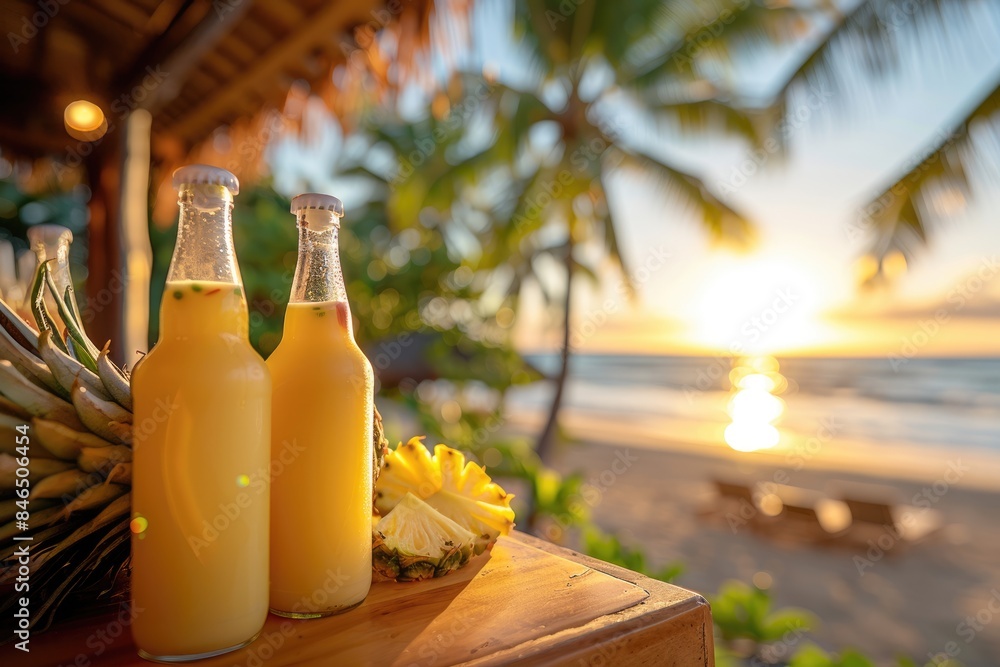 There are pineapples and drinks on the table by the seaside There are pineapples and drinks on the table by the seaside