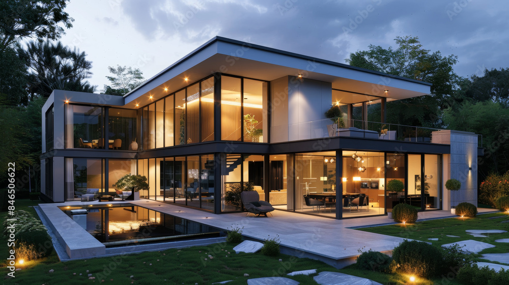 Contemporary luxury home with glass walls, beautifully illuminated at dusk, featuring an elegant garden and a reflecting pool.Modern Luxury Home with Glass Walls at Dusk
Contemporary luxury home with glass walls, beautifully illuminated at dusk, featuring an elegant garden and a reflecting pool.Modern Luxury Home with Glass Walls at Dusk