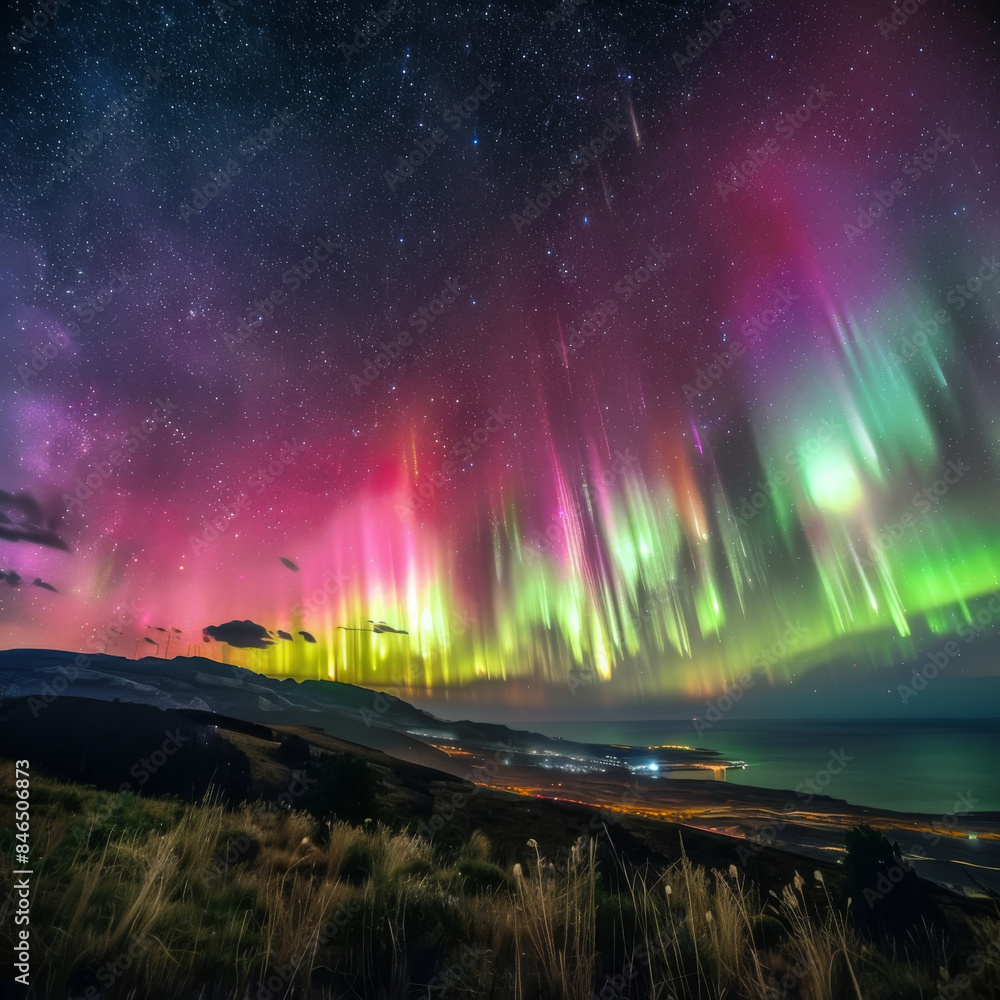 Northern Lights over a scenic beach with silhouetted trees and starry night sky in the background. Northern Lights over a scenic beach with silhouetted trees and starry night sky in the background.