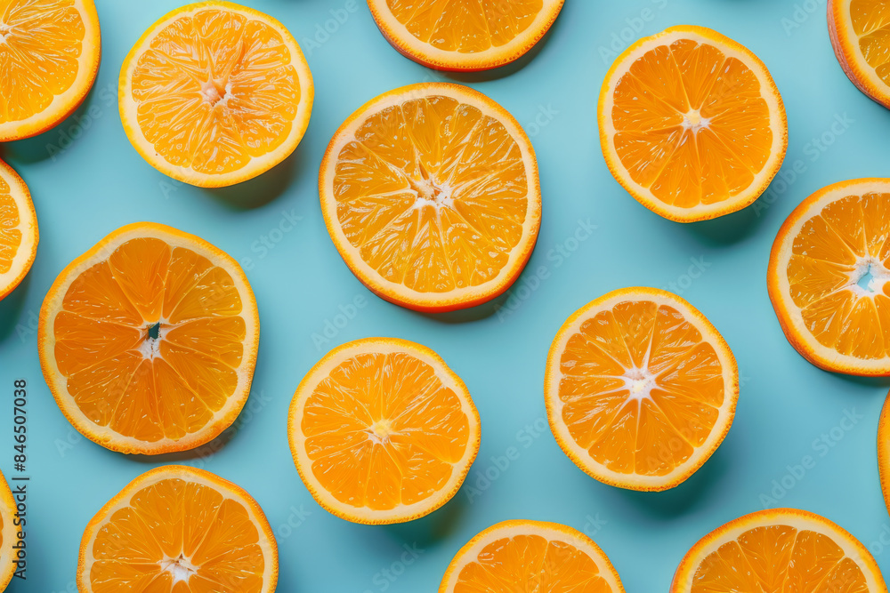 Freshly sliced oranges arranged neatly on a light blue background, showcasing vibrant orange segments and natural juiciness. Freshly sliced oranges arranged neatly on a light blue background, showcasing vibrant orange segments and natural juiciness.