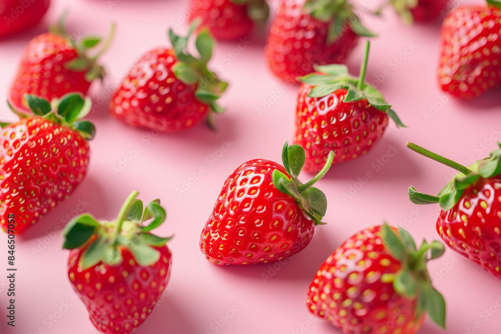 A cluster of fresh, juicy strawberries with vibrant green leaves, arranged on a pink background. A cluster of fresh, juicy strawberries with vibrant green leaves, arranged on a pink background.