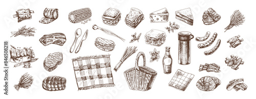 A set of hand-drawn sketches of barbecue and picnic elements. For the design of the menu of restaurants and cafes, grilled food, meat. Doodle vintage illustration. Engraved image.
