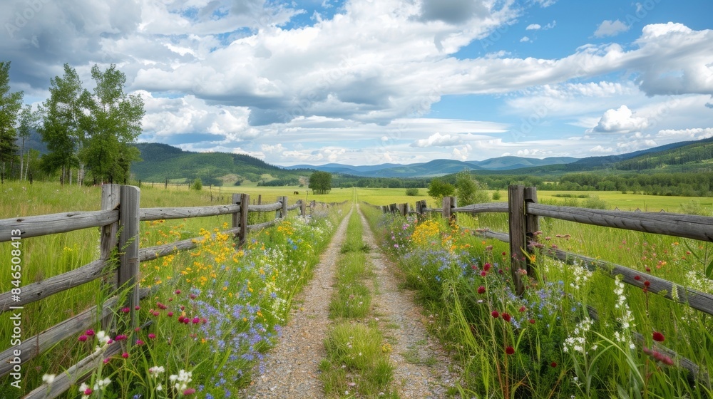 A wide open field is framed by two parallel fences lined with tall grasses and wildflowers. In between the fences a gravel path serves . AI generation.