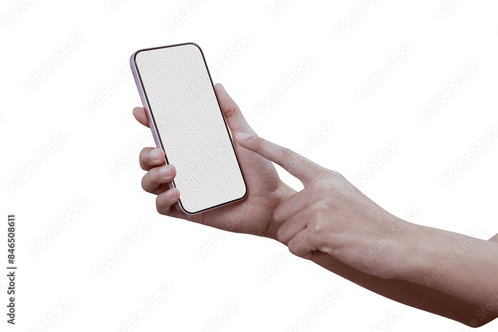 Close-up of a woman hand holding a smartphone. isolated Transparent mobile screen mockup. Close-up of a woman hand holding a smartphone. isolated Transparent mobile screen mockup.