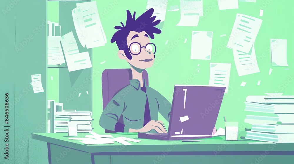 Immagine stile fumetto di un impiegato in smart working al lavoro con il computer Immagine stile fumetto di un impiegato in smart working al lavoro con il computer