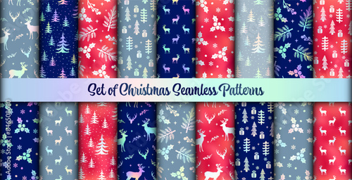 Vector Christmas holographic seamless patterns set. Winter hand drawn gradient print. Cute Scandinavian holiday background with Christmas tree, deer, fir branch, berry texture for gift wrap, decor