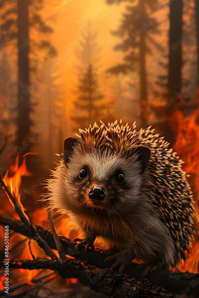 Hedgehog on the background of a forest fire Hedgehog on the background of a forest fire