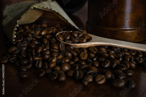 Close-up. Freshly roasted coffee beans