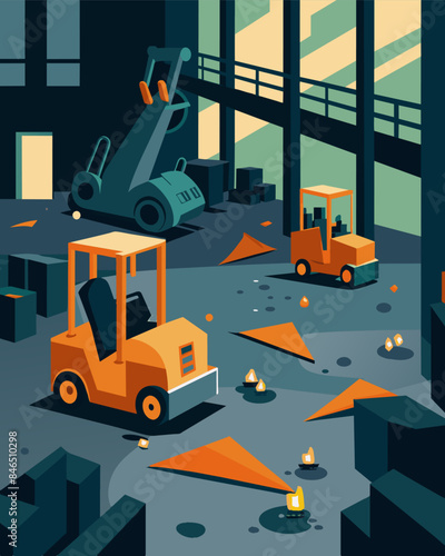 The broken and abandoned forklifts tered throughout the factory floor were like ghosts of the past their purpose now obsolete in these deserted factories.. Vector illustration