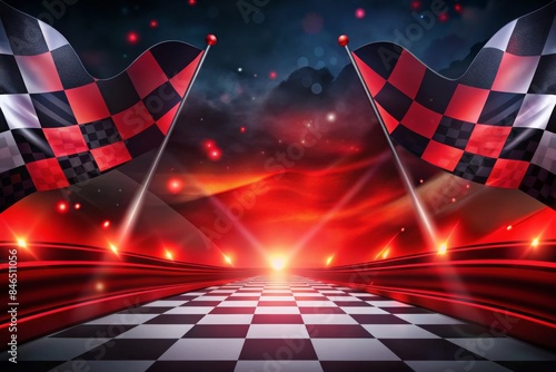 A checkered background with two red and black flags in the foreground