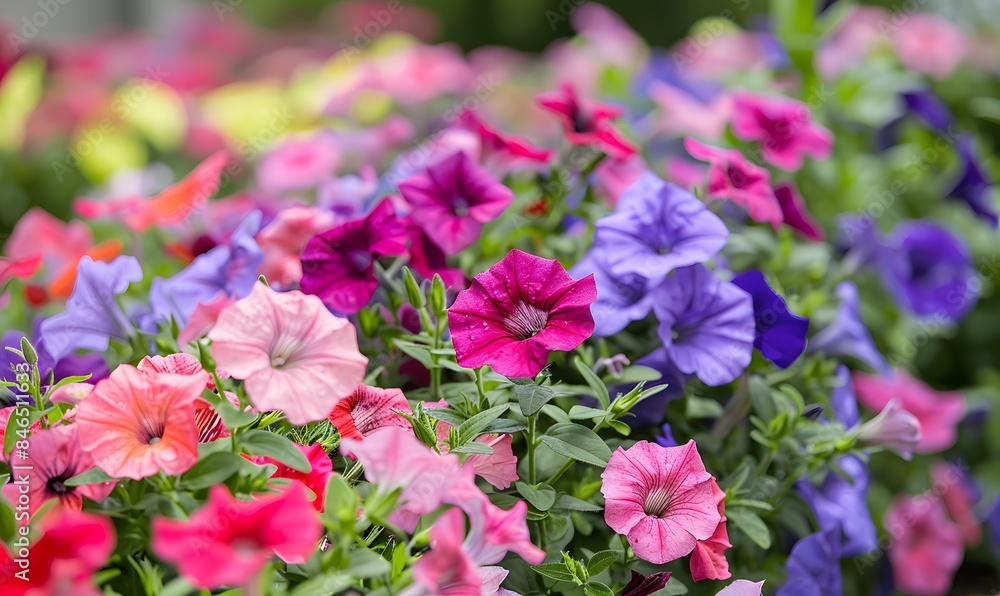 flower border with colouful flowering Petunia Wave Sweetheart, Generative AI flower border with colouful flowering Petunia Wave Sweetheart, Generative AI