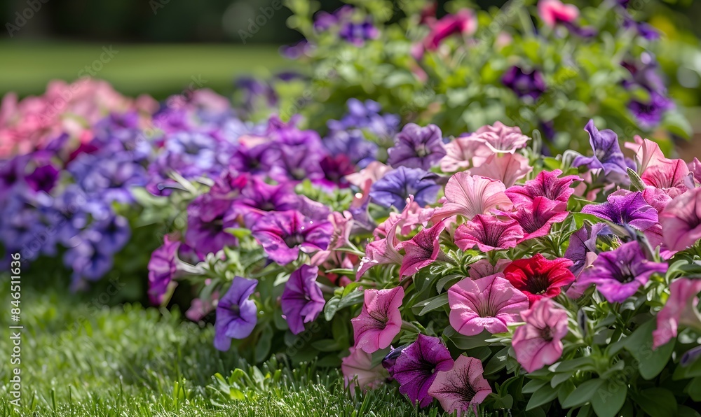 Obraz premium flower border with colouful flowering Petunia Wave Sweetheart, Generative AI
