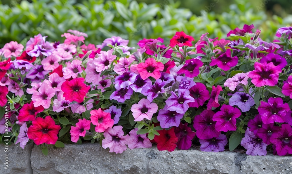 flower border with colouful flowering Petunia Wave Sweetheart, Generative AI