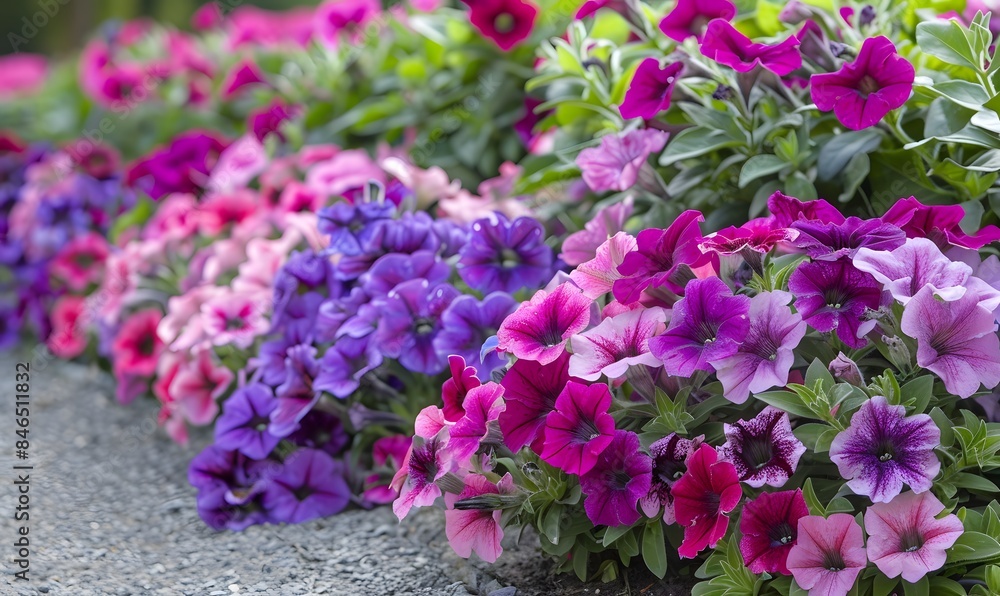 Obraz premium flower border with colouful flowering Petunia Wave Sweetheart, Generative AI