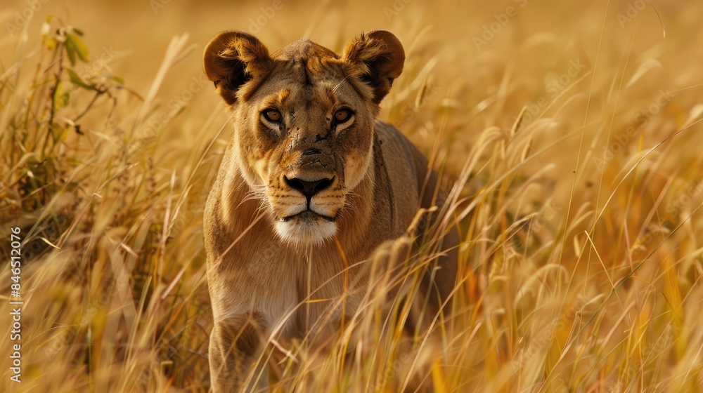 A lioness stalking prey in the tall grass, focused and determined. A lioness stalking prey in the tall grass, focused and determined.