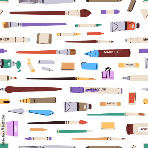 Art supplies, seamless pattern. Creative stationery tools. Drawing, calligraphy accessories, brushes, markers, pens and pencils. Endless background, print for wrapping design. Flat vector illustration