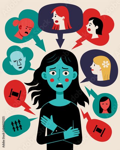 Words of manipulation and emotional abuse filling the speech bubbles as they surround their victim causing them pain and confusion.. Vector illustration